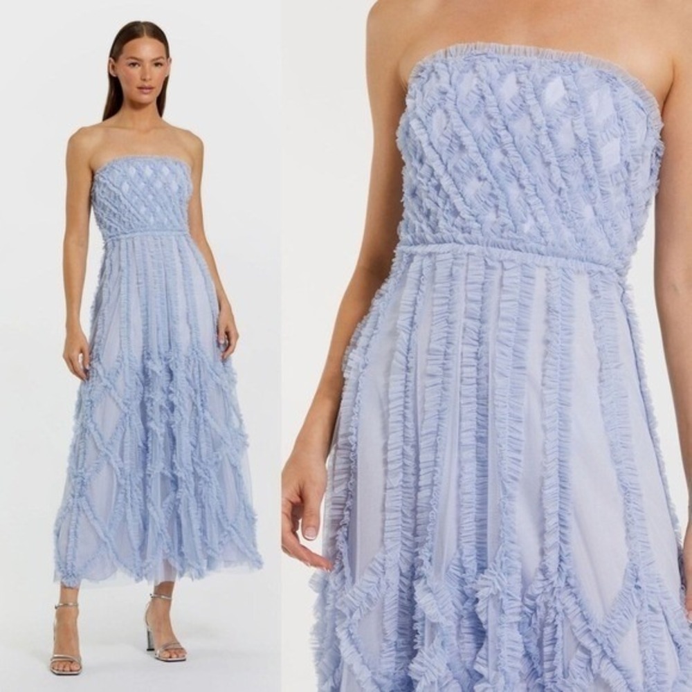 NWT Mac Duggal Periwinkle Blue Mesh‎ Ruffle Strapless A-Line Midi Dress - Size 8
